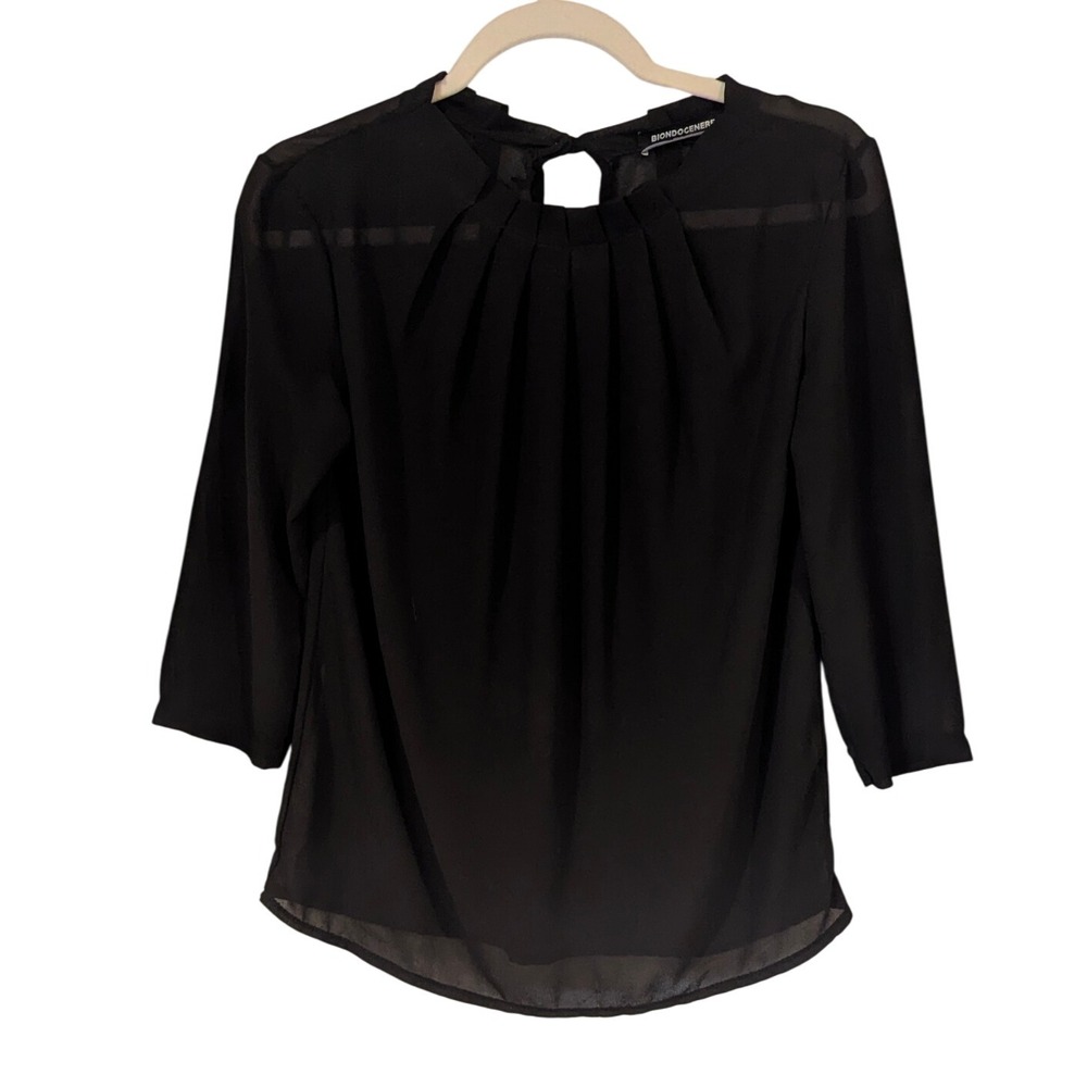 Biondocene Black Semi Sheer Pleated 3/4‎ Sleeve Blouse Career Party Top